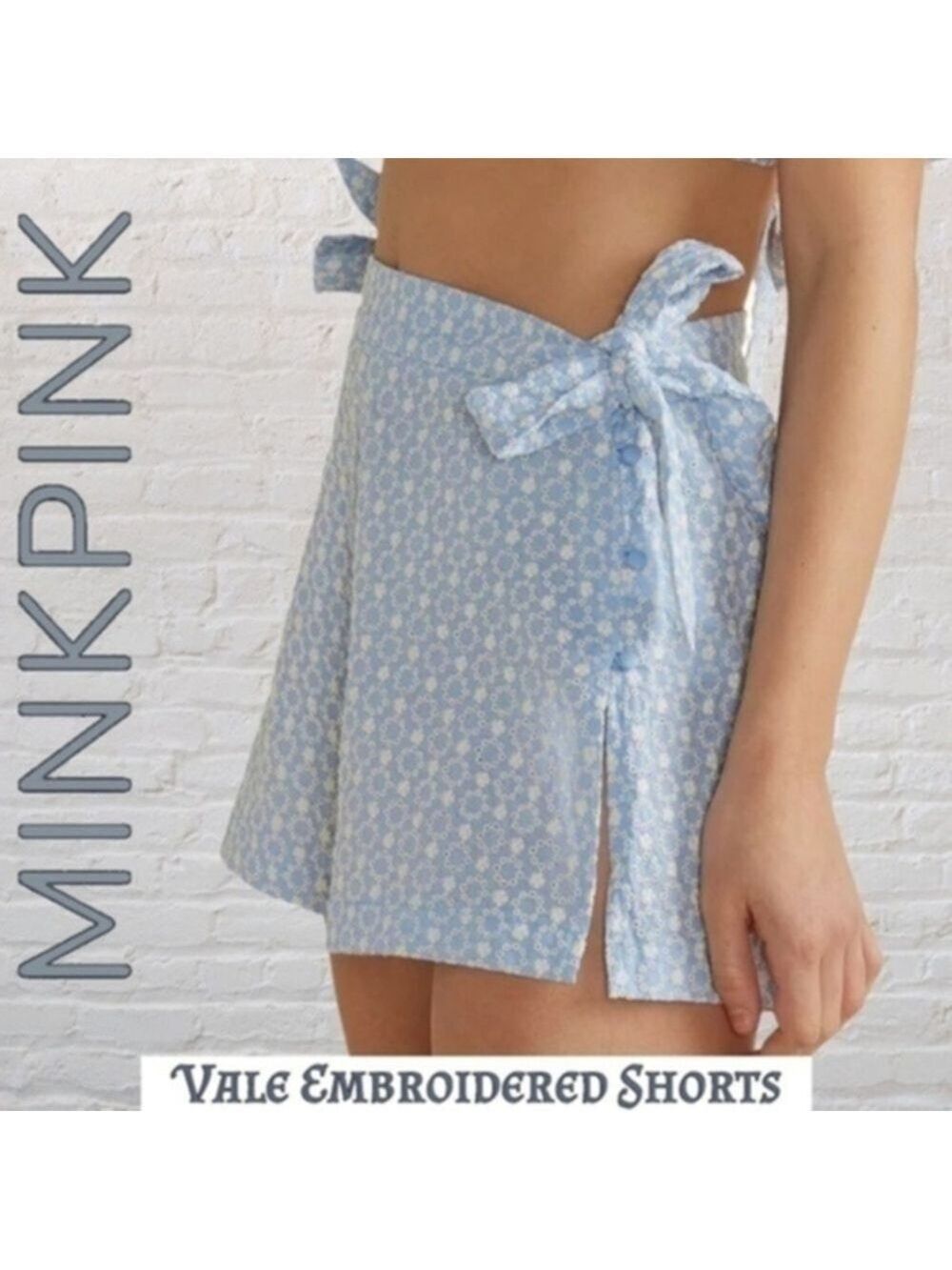 MINKPINK Vale Lined Embroidered Side Tie Zip Fancy Cotton Shorts-Blue/LG/NWT